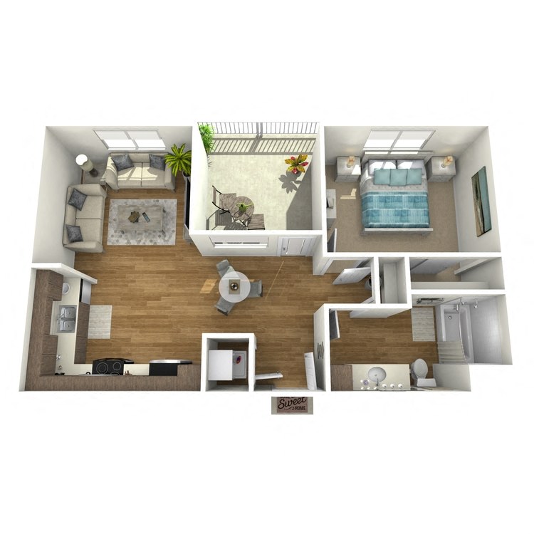 Floor plan for 1 bed, 1 bath, 721 sqft